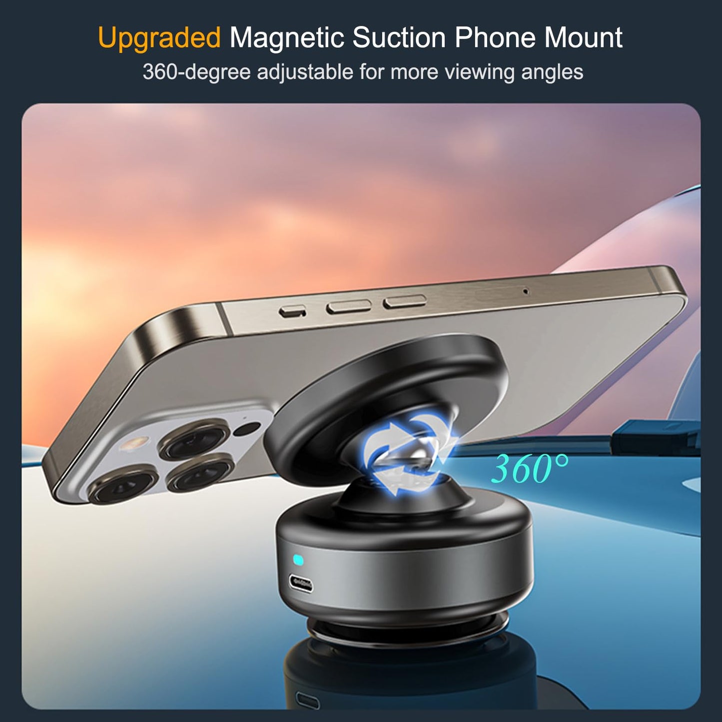 Jkoailiwi 360-degree Adjustable Electric Vacuum Magnetic Suction Cup Phone Mount, Hands-Free Magnetic Cell Phone Holder for Car/Gym/Mirror/Smooth Surface, Compatible with Magsafe iPhone, Black