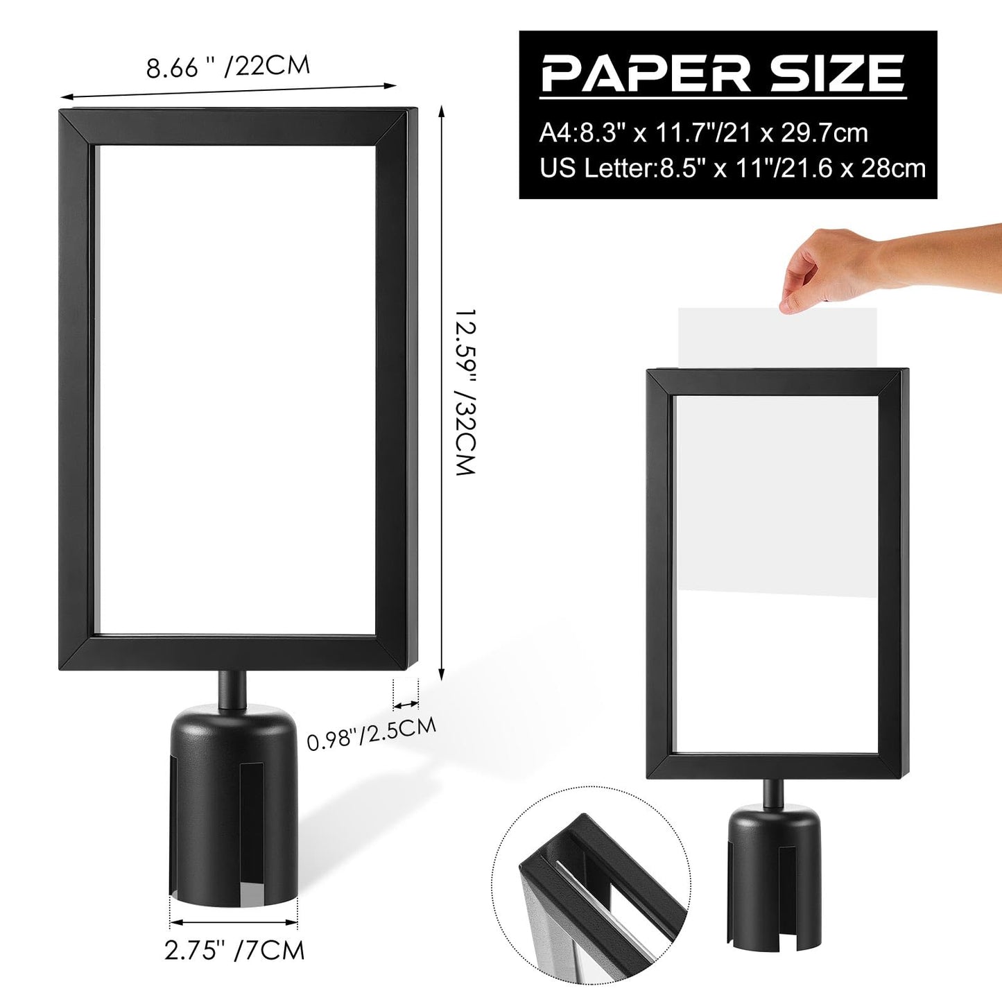 Jecery 2 Pcs Stanchion Sign Holder Frame Portrait Top Stand Poster Display for 8.3 x 11.7 Inch Paper Size Double Sided Sign Frame with Cover for Crowd Control Sentry Stanchions