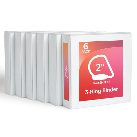 Cardinal 2 Inch Binders, 6 Pack, 3 Ring Binder, 2 inch 3 Ring Binder, D-Ring, Holds 540 Sheets, Non-Stick, PVC Free, Three Ring Binders for Organization and Presentations, White