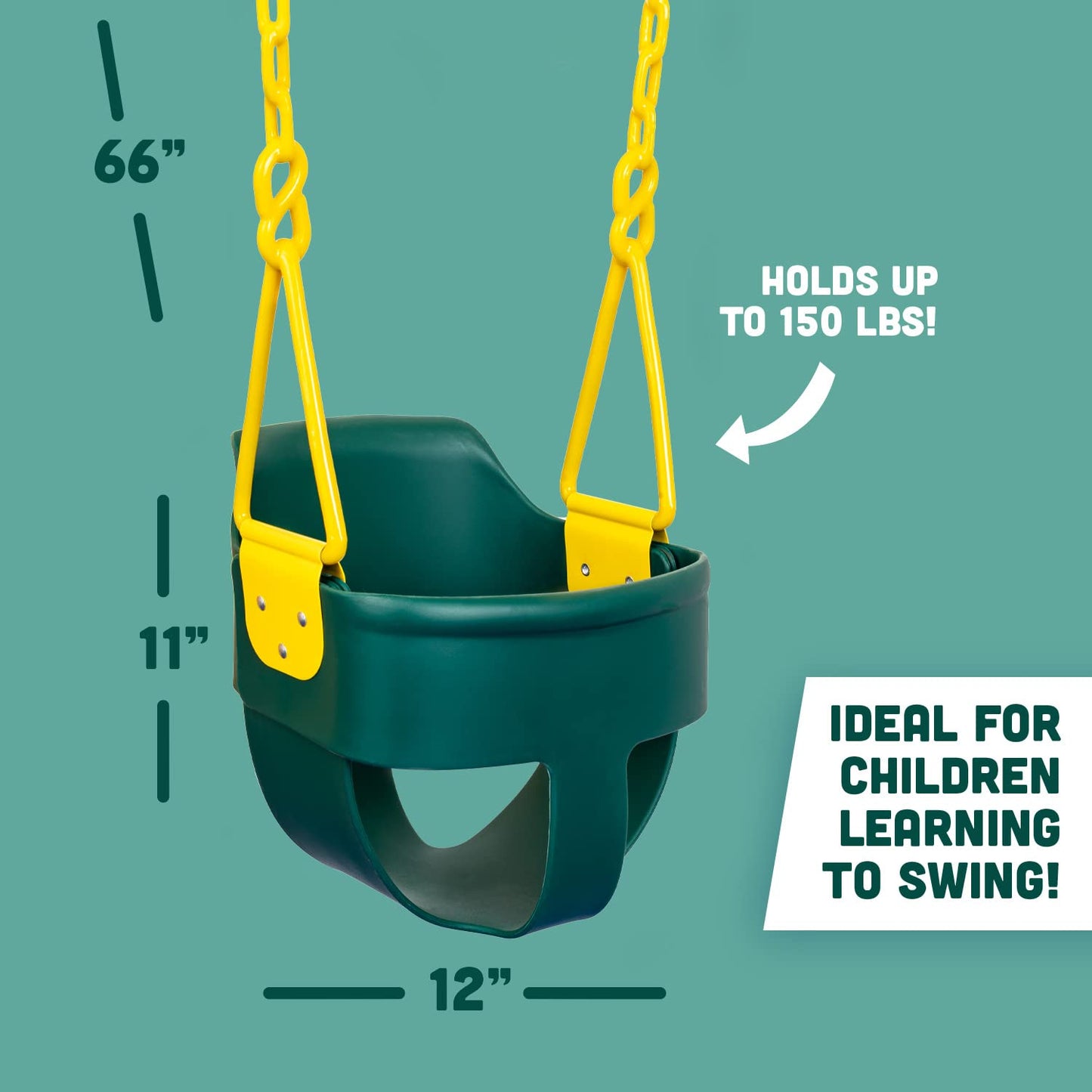 Premium High Back Full Bucket Toddler Swing Seat with Finger Grip, Plastic Coated Chains for Safety and Carabiners for Easy Install - Green - Squirrel Products