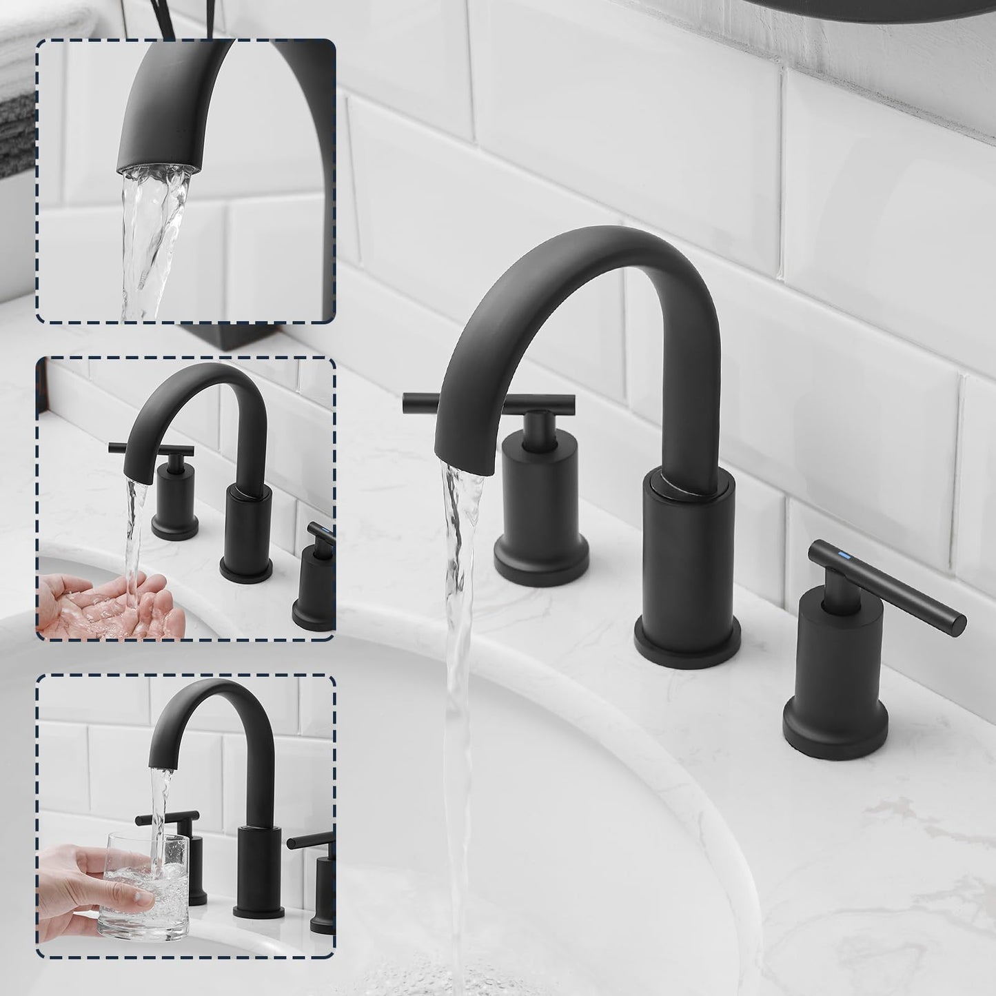Kroias Matte Black Waterfall Bathroom Faucet 3 Hole, Widespread Two Handle Bathroom Sink Faucet Vanity Faucet, 8 Inch Bathroom Faucets for Sink with cUPC Supply Lines and Pop-Up Drain