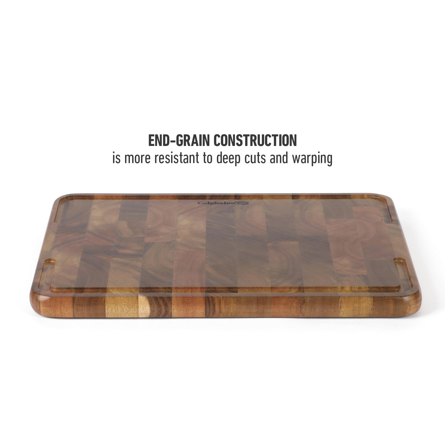 Calphalon Edge Guard Cutting Board, 13.6 x 9.5-Inch End-Grain Acacia Wood Cutting Board, Wooden Chopping Block for Stable Cutting & Food Prep