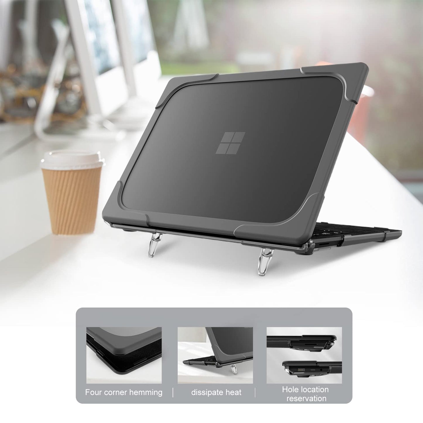 Batianda Heavy Duty Case for 13.5" Microsoft Surface Laptop 5 4/3 with Metal Palm Rest,Shockproof Protective Cover with Fold Kickstand for Enhanced Durability & Keyboard Cover Screen Protector, Gray
