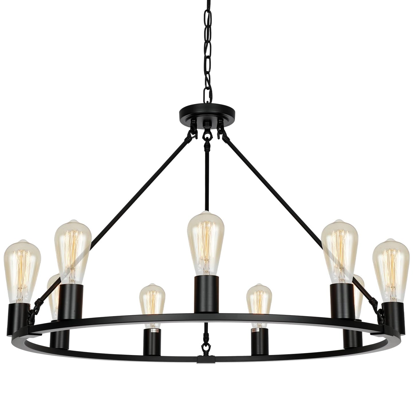 Senyshilon 9-Lights Farmhouse Chandelier | Dia 32'' Black Wagon Wheel Chandelier | Rustic Hanging Dining Room Light Fixture | Apply to Living Room | Kitchen Island | Entryway | Foyer