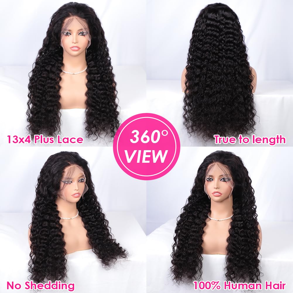 Pizazz 13x4 Human Hair Lace Front Wigs for Black Women Glueless 180 Density HD Transparent Deep Wave Frontal wig with Baby Hair Pre Plucked Bleached Knots(14 Inch, Black color)