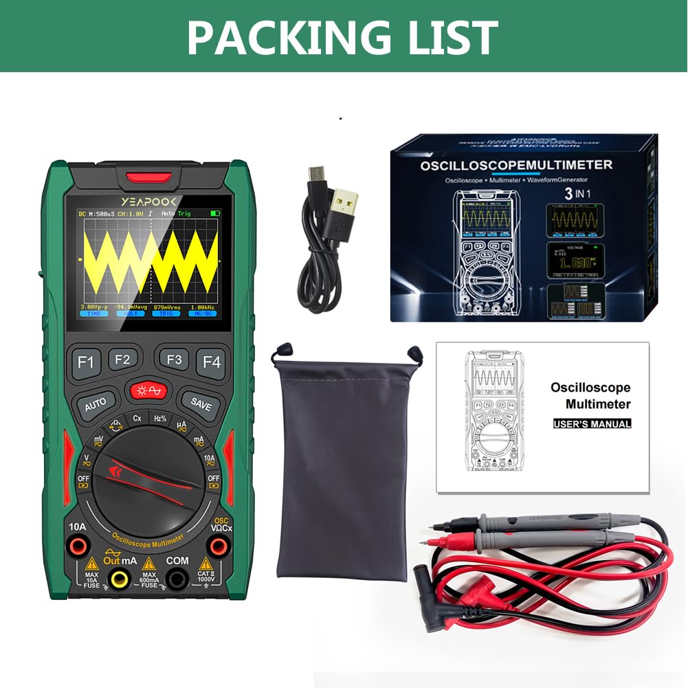 YEAPOOK 3 in 1 Handheld Digital Oscilloscope Multimeter Portable Oscilloscopes, 12MHz Bandwidth, 50MSa/s Sampling Rate with Multimeter and Signal Generator (YP101A)