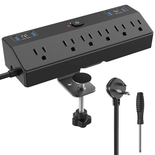 40W Fast Charging Desk Clamp Power Strip 2 PD USB C Desk Charging Station,10FT Desk Extension Cord Flat Plug with 6 AC/6 USB,Fararaka Removable Desk Surge Protector Power Strip Fits 1.8" Tabletop Edge