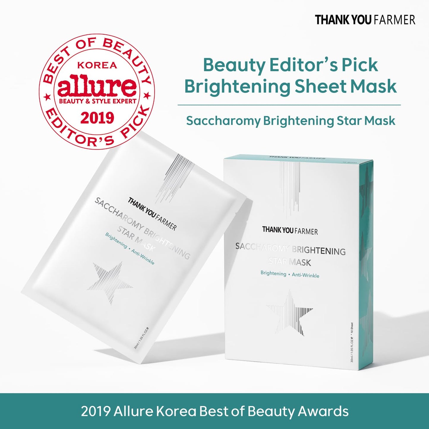THANKYOU FARMER Saccharomy Brightening Star Mask (10ea) - Phyto Mucin Essence for Glowing, Niacinamide, Fermented Rice, Saccharomyces, Korean Sheet Mask for Dry and Dehydrated Skin (10)