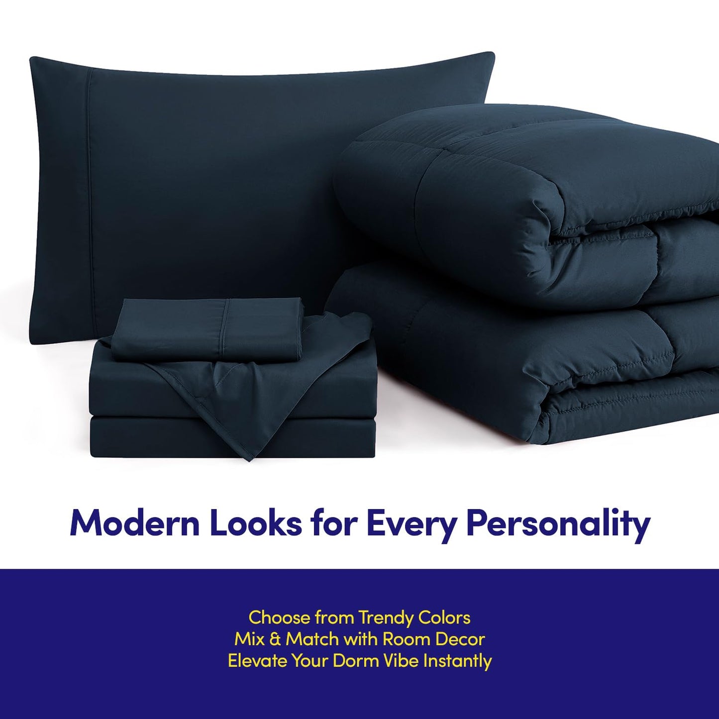 Dorm Room Essentials College Bedding Comforter Set 5 Piece Twin XL Size Bed in a Bag for College Students Boys and Girls, Twin XL, Navy Blue