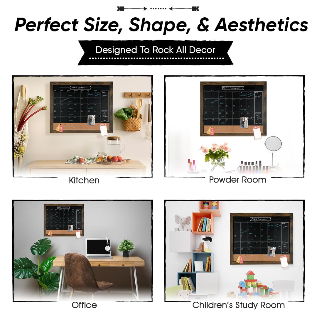 Loddie Doddie Framed Chalkboard Calendar & Bulletin Board - 18 x 24 in, Rustic - Easy-Clean Calendar Chalkboard - Menu Board for Kitchen - Magnet Display
