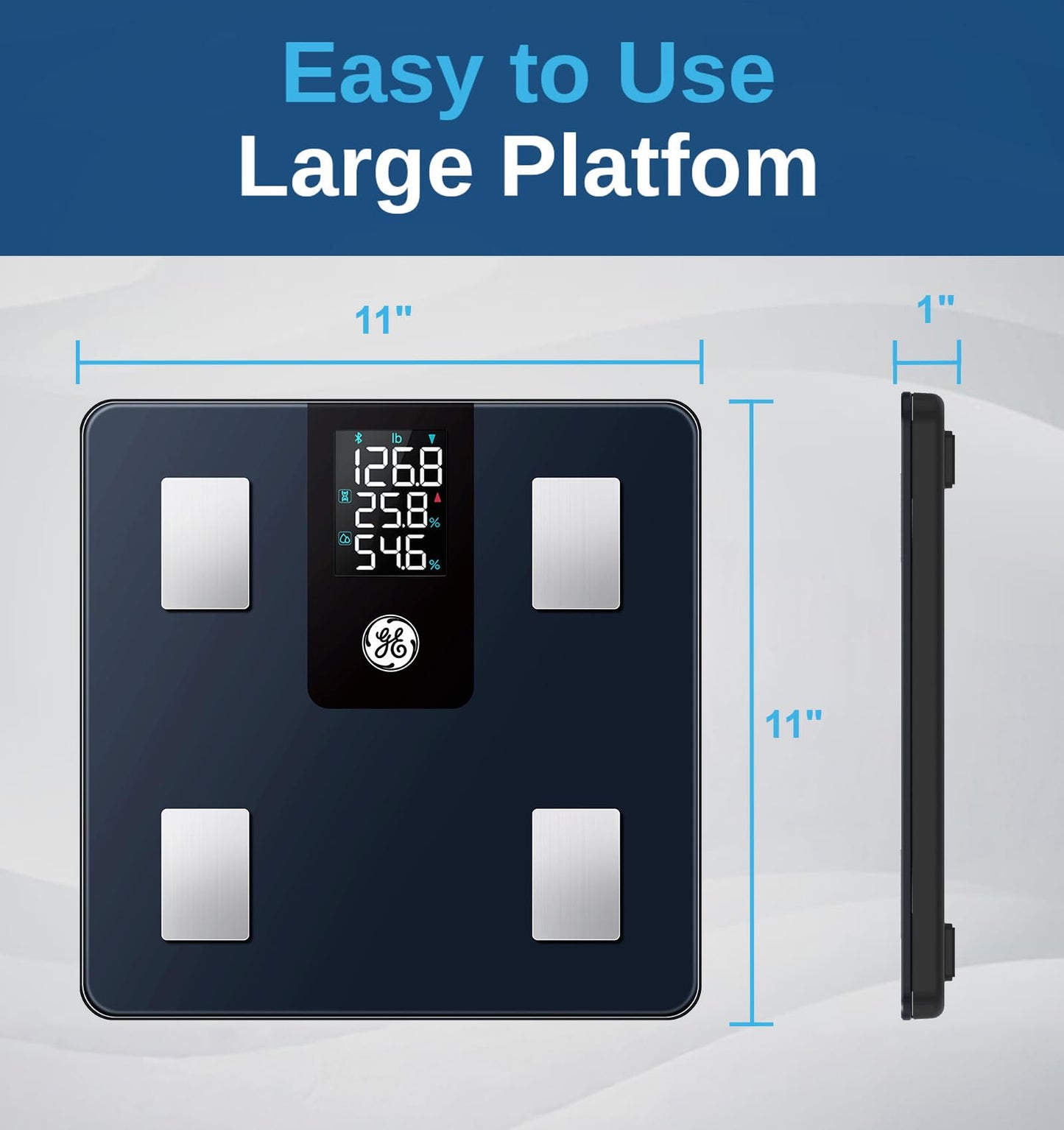 GE Smart Scale for Body Weight BMI Fat Muscle Mass with All-in-one LCD Display, Digital Bathroom Weight Scales Bluetooth Body Composition Analyzer with App, Accurate Weighing, 400 lbs / 180 kg