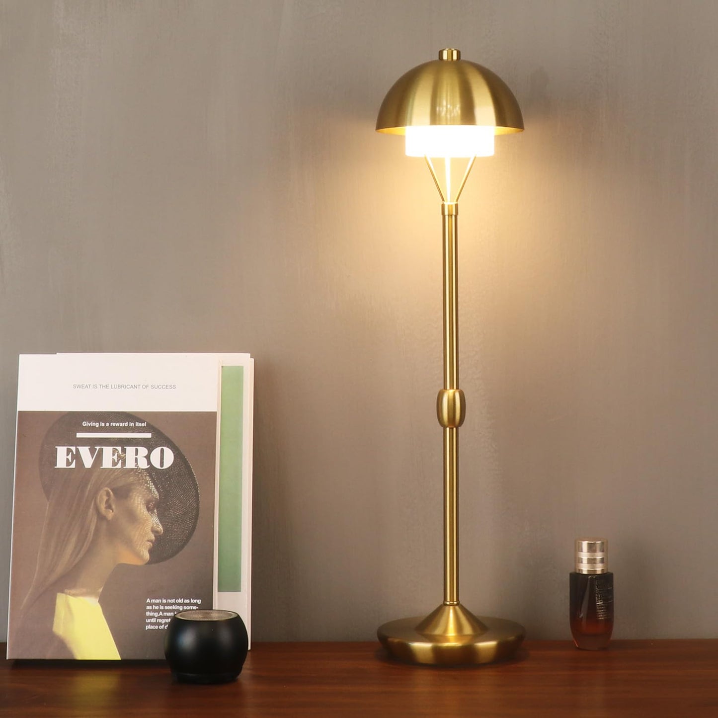 PSDSSHIIS Modern Table Lamp Cordless Portable Desk Lamp, 2700K Stepless Dimming Rechargeable Battery Operated LED Lights for Bedroom, USB-C Charging, Restaurant/Bar/Night Light/Gifts (Antique Brass)