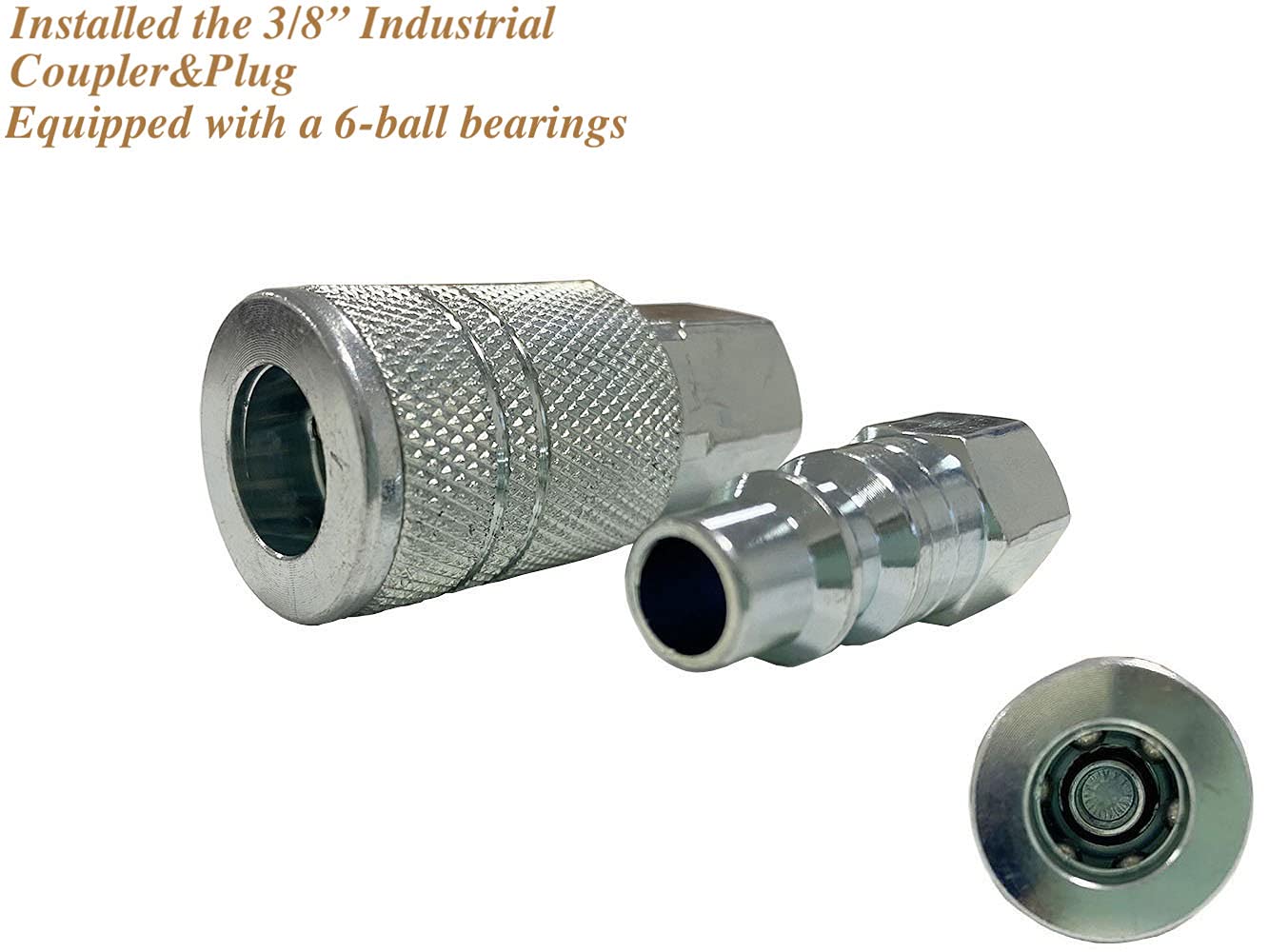 SANFU Polyurethane(PU) Reinforced 3/8”ID x 100ft Air Hose, 300PSI Wear Resistant With 3/8” Reassembled Industrial Quick Coupler and Plug, Bend Restrictor, Brown(100’)