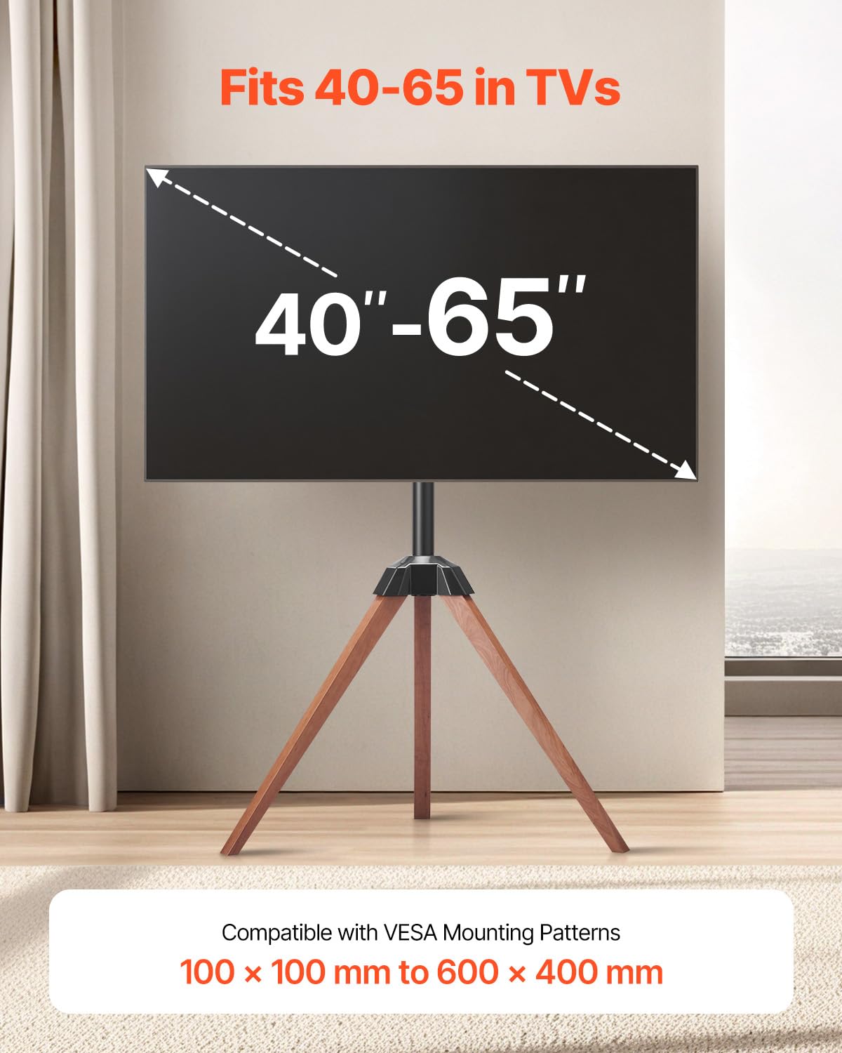 VEVOR Tripod Easel TV Stand, for 40-65 inch Flat Screen/Curved TVs Up to 99 lbs, 18° Left-Right Rotation Portable TV Stand with Oak Wood Legs, for Bedroom, Living Room, Studio, MAX VESA 600 x 400 mm