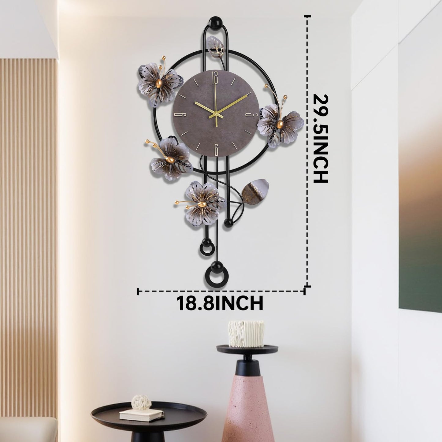 Wall Clock, Silent Quartz Movement Battery Operated with Pendulum, Oversized Metal Modern Large Wall Clocks for Living Room Bedroom Farmhouse Office Kitchen Home Wall Decor-18.8x29.5Inch(Brown)
