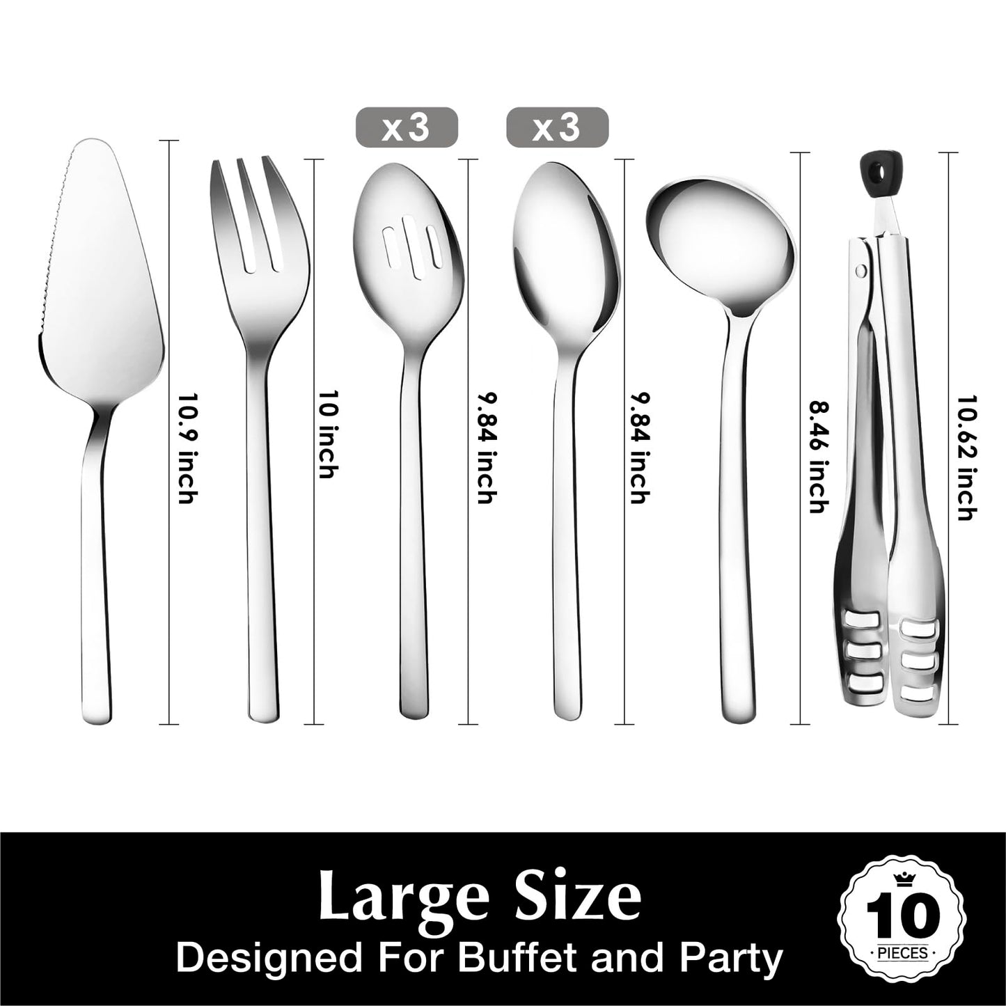 KINGSTONE Large Hostess Serving Utensils Set, Heavy Duty 18/10 Stainless Steel - 10 inch Serving Spoons, Slotted Spoons, Forks, Tongs, Cake Pie Server for Buffet, Wedding, Party