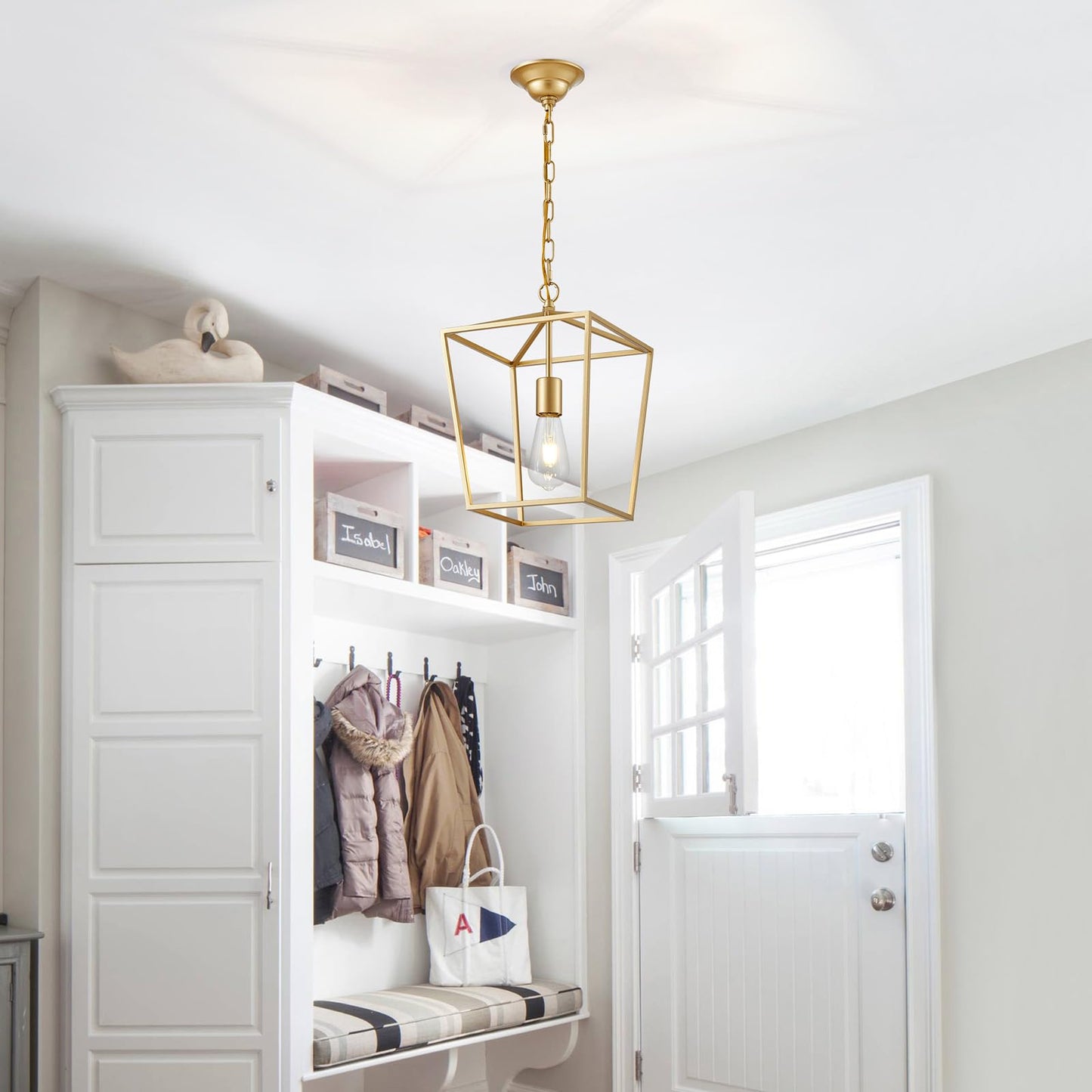 ANJIADENGSHI Lantern Pendant Light Lantern Iron Cage 1 E26 Bulbs Gold Chandelier for Dining Room Kitchen(Bulbs Not Included)