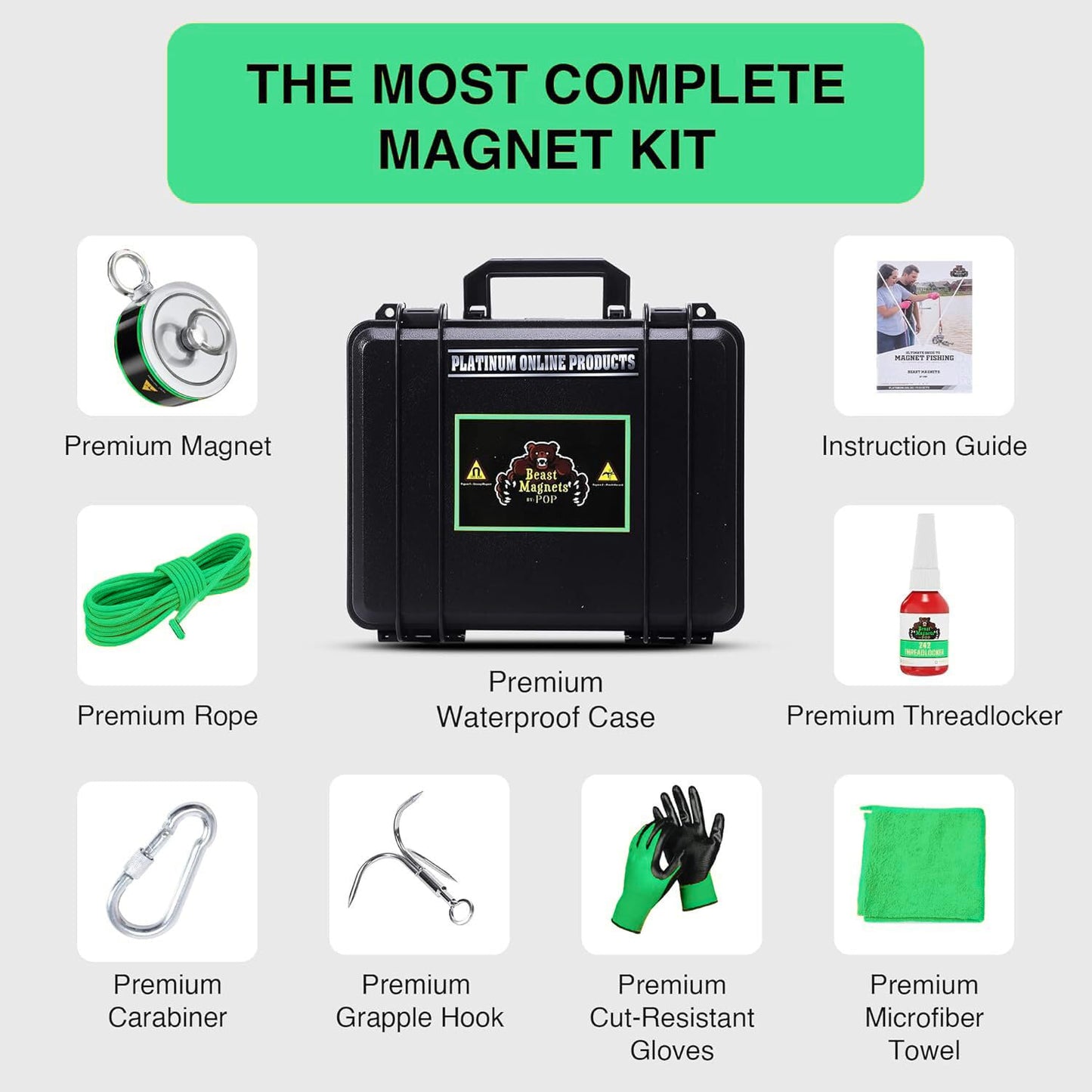 2000LB’s Complete Magnet Fishing Kit | Double Sided Fishing Magnet Kit with Case | Includes Strong Neodymium N52 Magnets, Durable 65ft Rope, Carabiner, Gloves, Grappling Hook & Carry Case