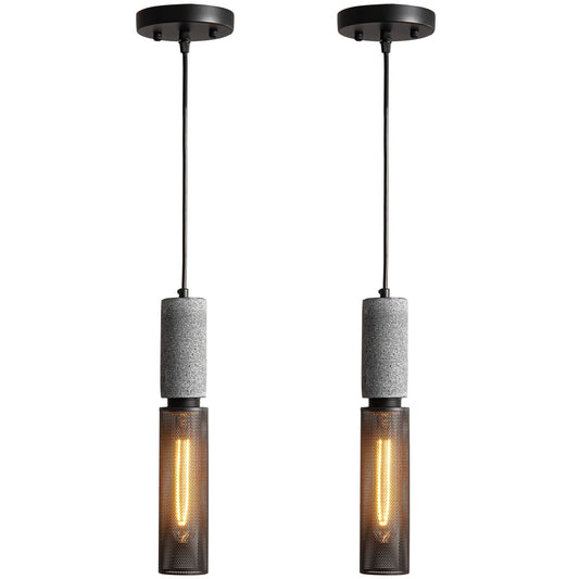 ADCTHOME Concrete Linear Pendant Light with a Metal Mesh Shade,Modern Industrial Hanging Cement Pendant Lighting Fixture for Kitchen Island Dinning Room Bedroom(Black 2-Pack)