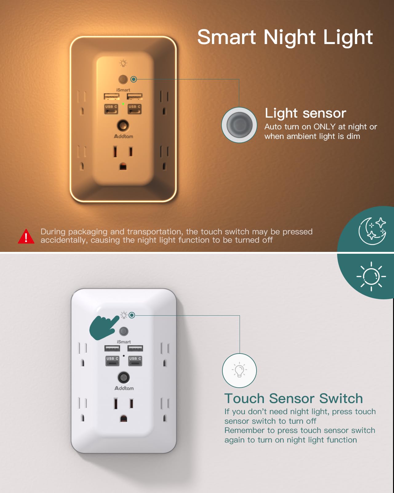 Surge Protector, Outlet Extender with Night Light, Addtam 5-Outlet Splitter and 4 USB Ports(PD 20W), Multi Plug Wall Outlet Power Strip for Home Office Dorm Room Essentials