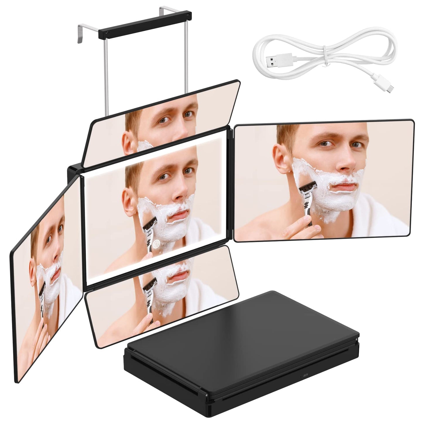 OLIBUY 5 Way Mirror, 360 Mirror for Self Hair Cutting and Brading Hair, Rechargeable LED Barber Mirror with Adjustable Hooks