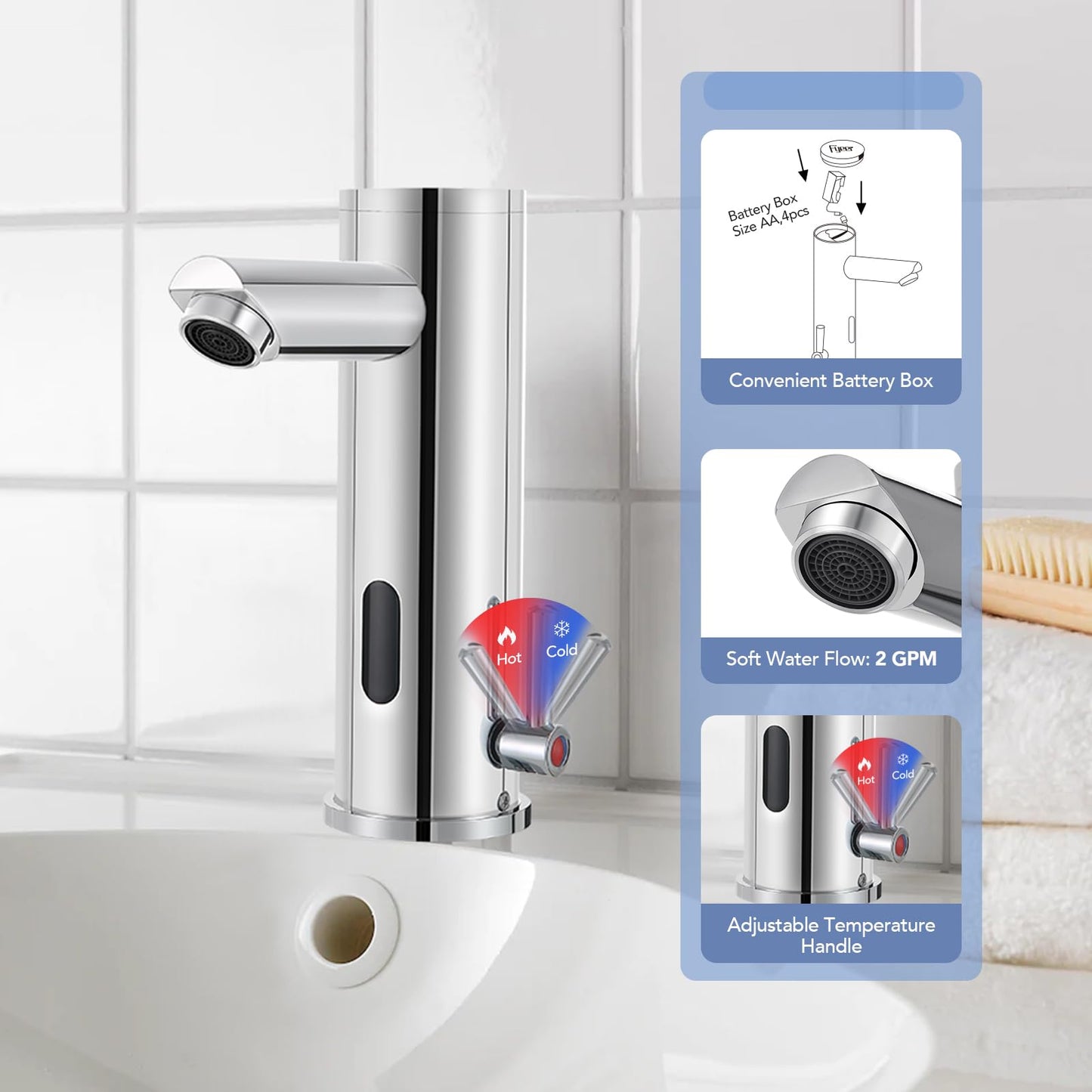 Automatic Touchless Bathroom Sink Faucet Sensor Motion Activated Commercial Hands Free Single Tap Temperature Control Adjustable Handle Auto Basin Brass Faucets for Home Vanity Chrome Polished Finish