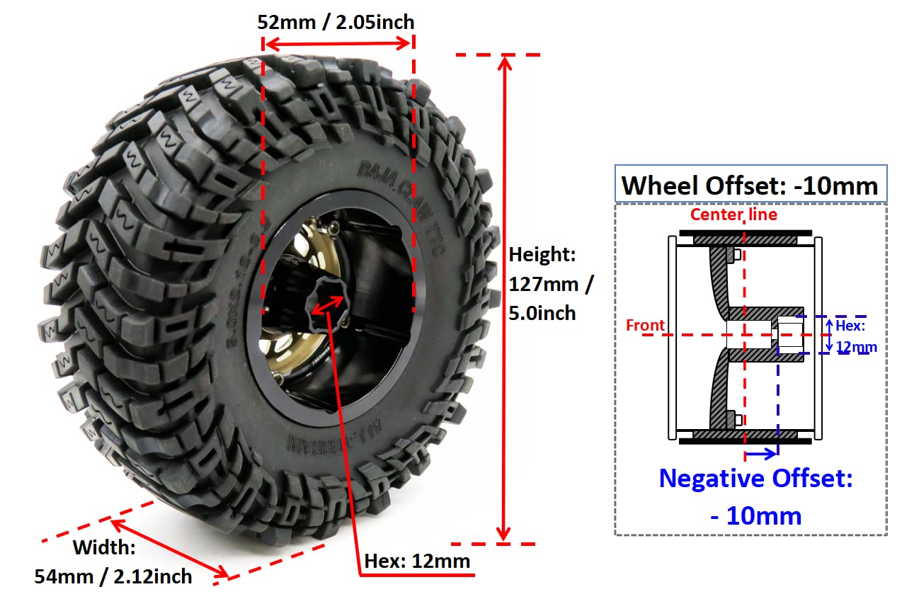 HOBBYSOUL -10mm Negative Offset 2.2 Beadlock Wheels and Tires, 5.0'' Tall tyre & 40mm Wide Rims for RC Mud Crawler All Terrain TRX4 Gen8 Capra Wraith Upgrades,HS701094