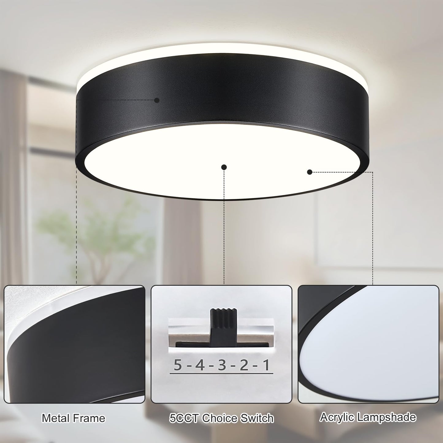 Dimmable Modern Flush Mount Ceiling Lights, Black 5CCT LED Ceiling Light Fixture, Minimalist Round Kitchen Lighting Fixtures for Bedroom, Laundry Room, Hallway, Entryway, 11.8 Inch