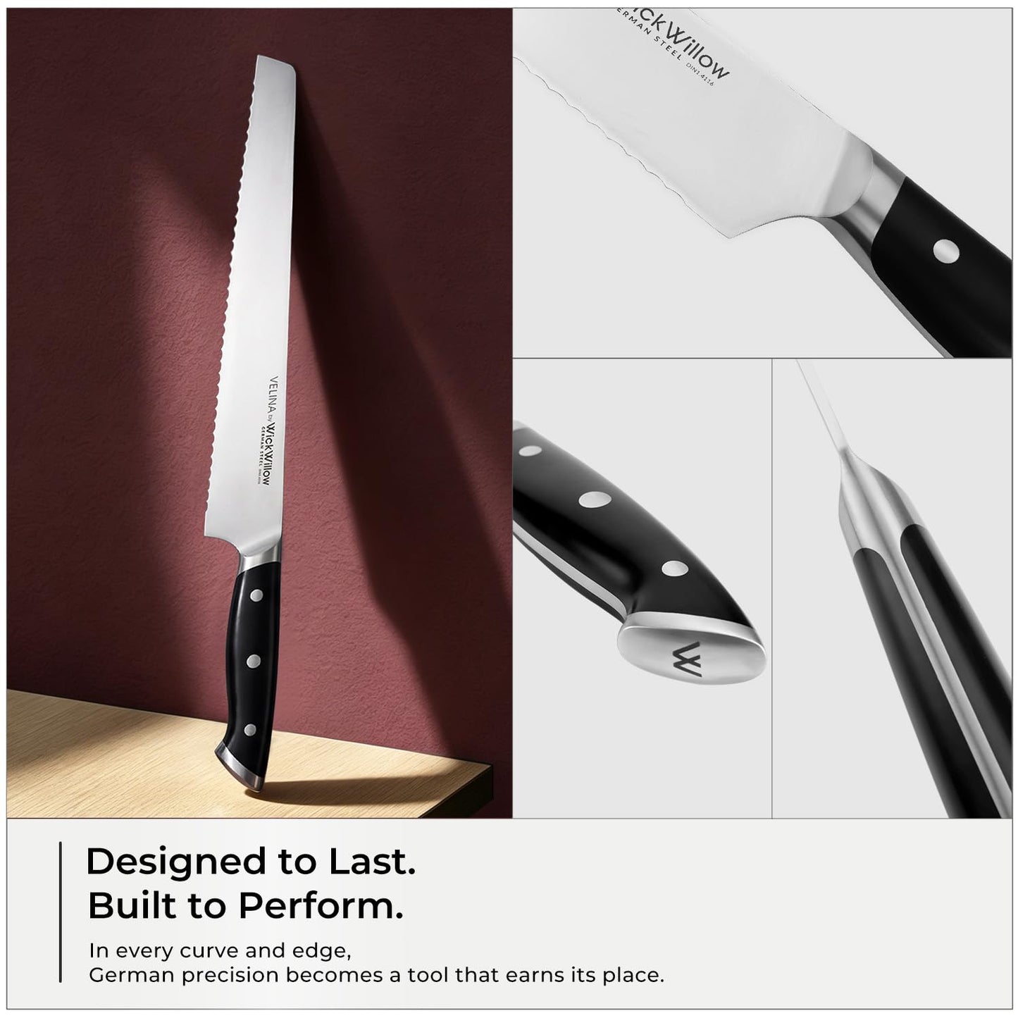 WICKWILLOW Velina 10-Inch Serrated Bread Knife - German X50CrMoV15 Steel, Full Tang, Razor-Sharp Wavy Edge for Sourdough, Artisan Bread, Bagels, Cakes & Sandwich Loaves - Gift Boxed for Home Bakers
