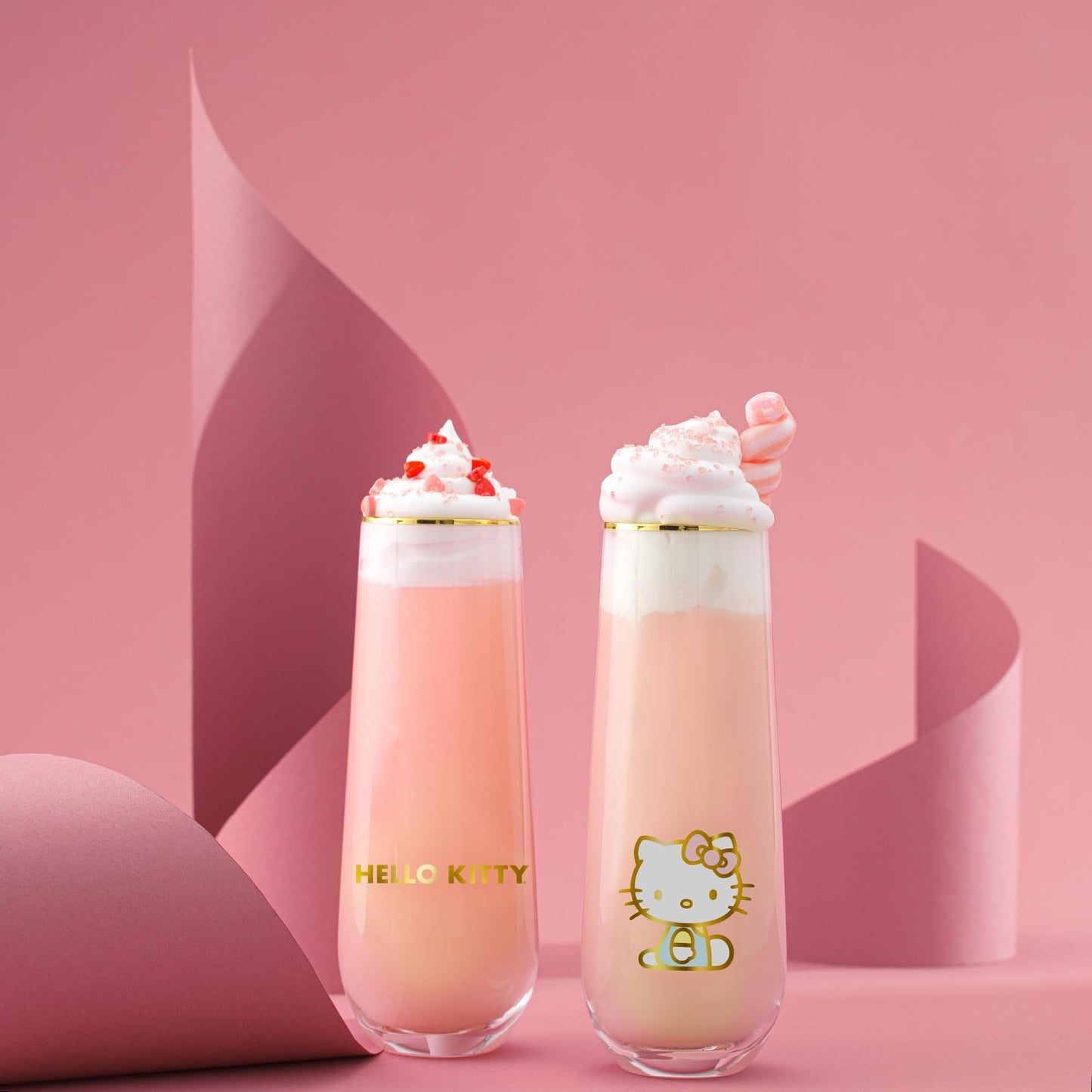 JoyJolt Hello Kitty Stay Gold Stemless Flutes, 9.4oz Drinking Glasses Set of 4, Sanrio Highball Glasses, Kawaii Hello Kitty Kitchen Glass Set Ideal for Water Juice Smoothies, Skinny Tall Glasses