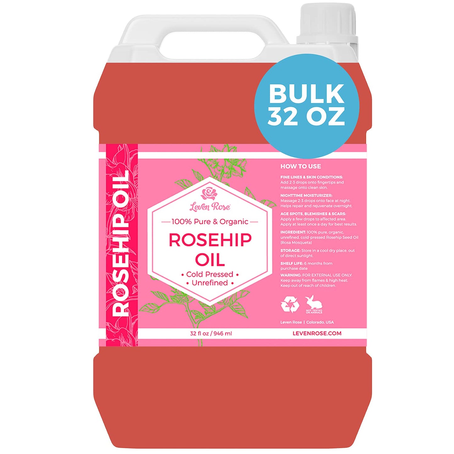 Leven Rose Rosehip Seed Oil 32 oz - Pure Cold Pressed Oil for Face, Body, Hair, Skin & Nails - Nighttime Moisturizer
