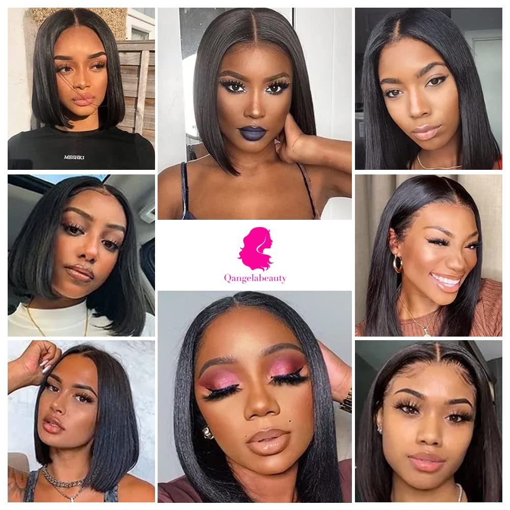 Qangelabeauty Short Bob Wig Human Hair 13x4 Frontal Bob Wigs Human Hair Pre Plucked wigs for Black Women Bob Lace Front Wigs Human Hair 10 Inch 180% Density with Baby Hair Natural Color
