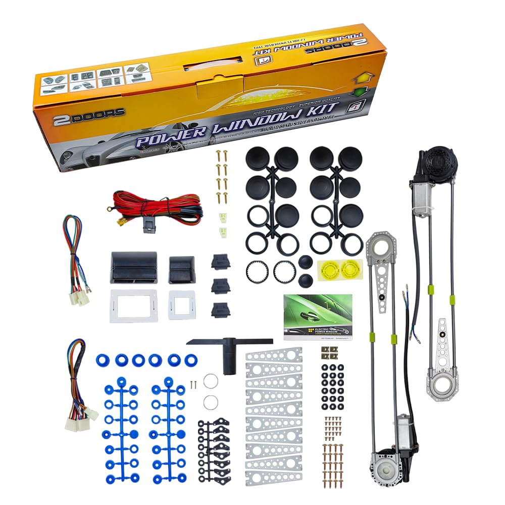 Universal 2-Door Power Window Conversion Kit Electric Power Window Lift Roll Up Regulator w/Switches, Wiring | Fit for 2-Door Vehicles with Manual Windows, Sedan, Pickup, Off-Road, Vans, SUV