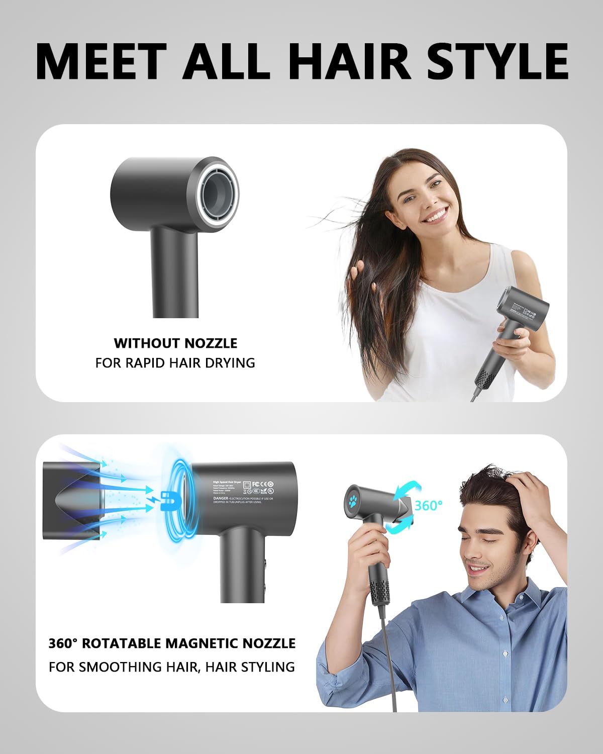 MORECOO Hair Dryer, High-Speed Travel Hair Dryers for Women Professional Fast Drying, 110,000RPM Brushless Motor Ionic Hair dryer with 4 Temp &2 Speed Mode, Low Noise Portable Hair Dryer for Men, Gray