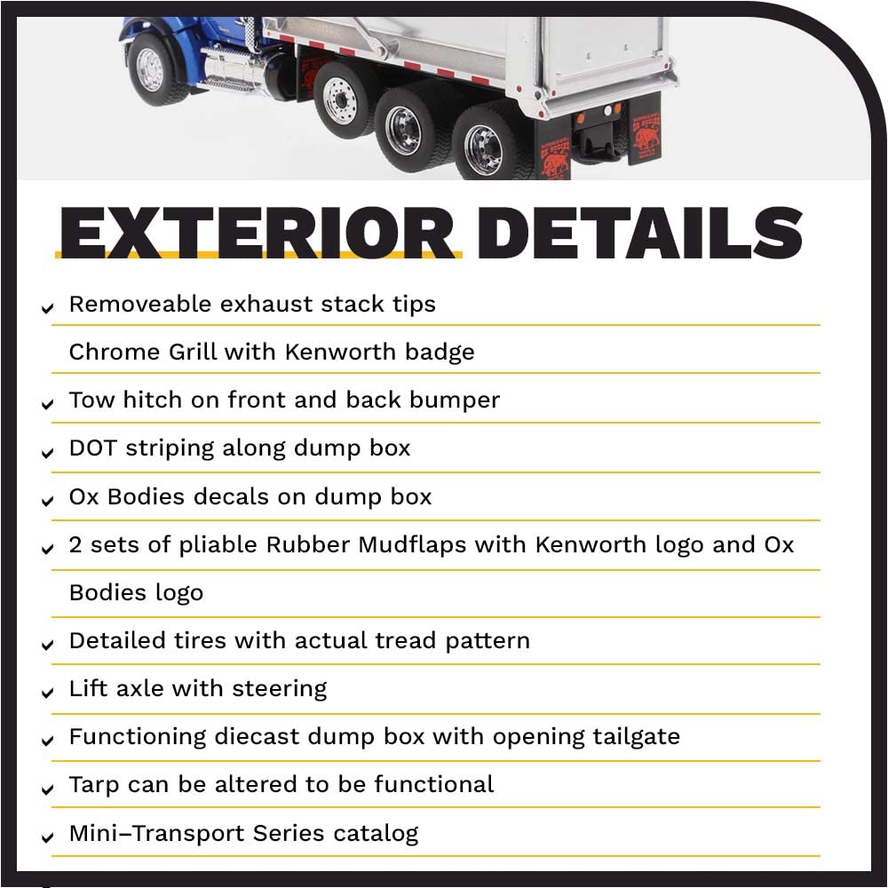 Diecast Masters 1:50 Scale Kenworth T880S SFFA Dump Truck - Tandem with Pusher Axle & Interior Ox Bodies Stampede Dump Cab | Transport Series | Metallic Blue Model 71078