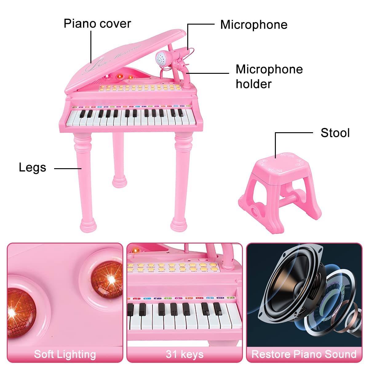Kids Piano Keyboard Toy, Toddler Electronic Musical Instrument Educational Toy with Microphone, Multiple Sounds, Record Playback, Lights & Stool, Birthday Gift for 3 4 5 6 7 Years Old Girls