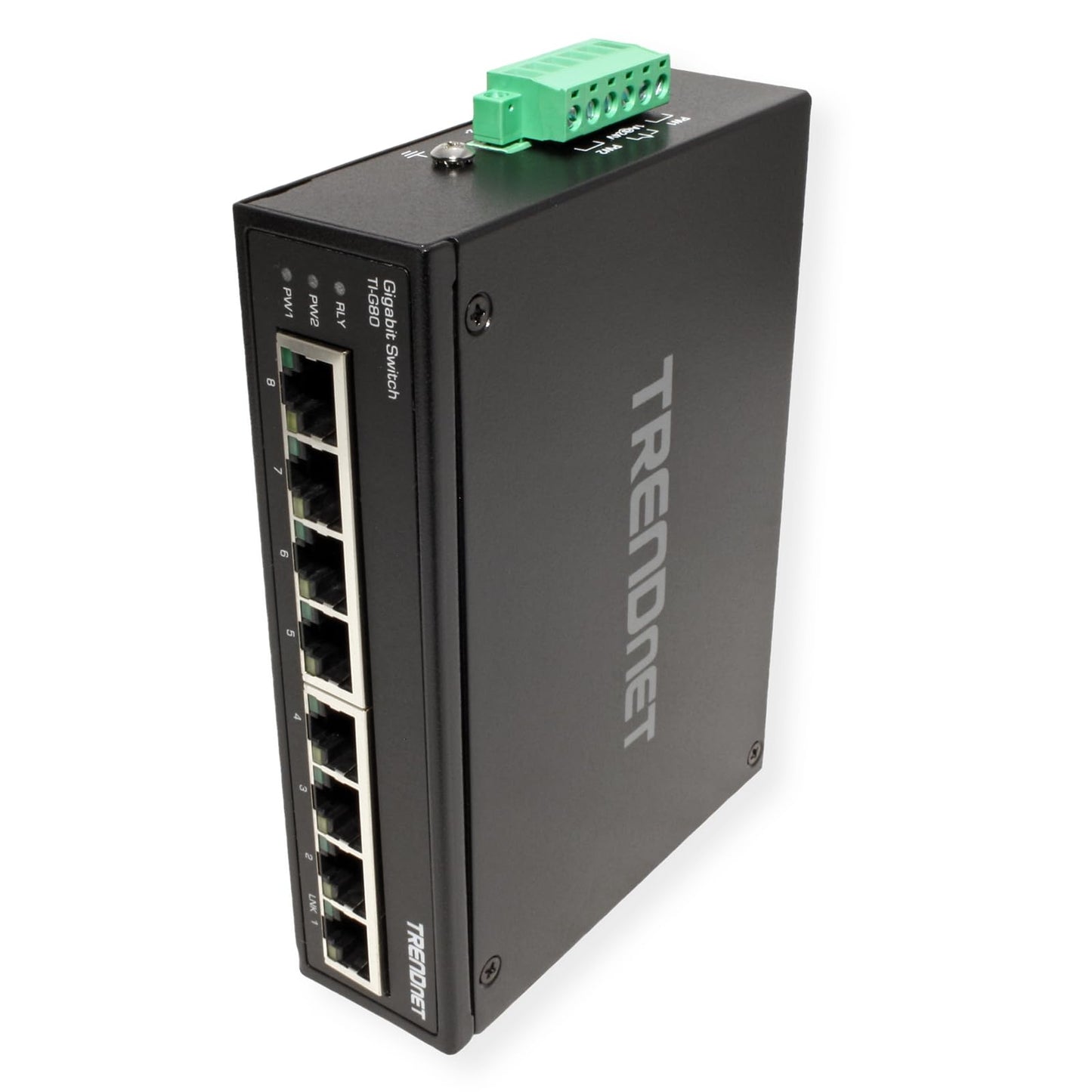 TRENDnet 8-Port Hardened Industrial Gigabit DIN-Rail Switch, TI-G80, 16 Gbps Switching Capacity, IP30 Rated, Ethernet Splitter, NDAA & TAA Compliant, Lifetime Protection, Black