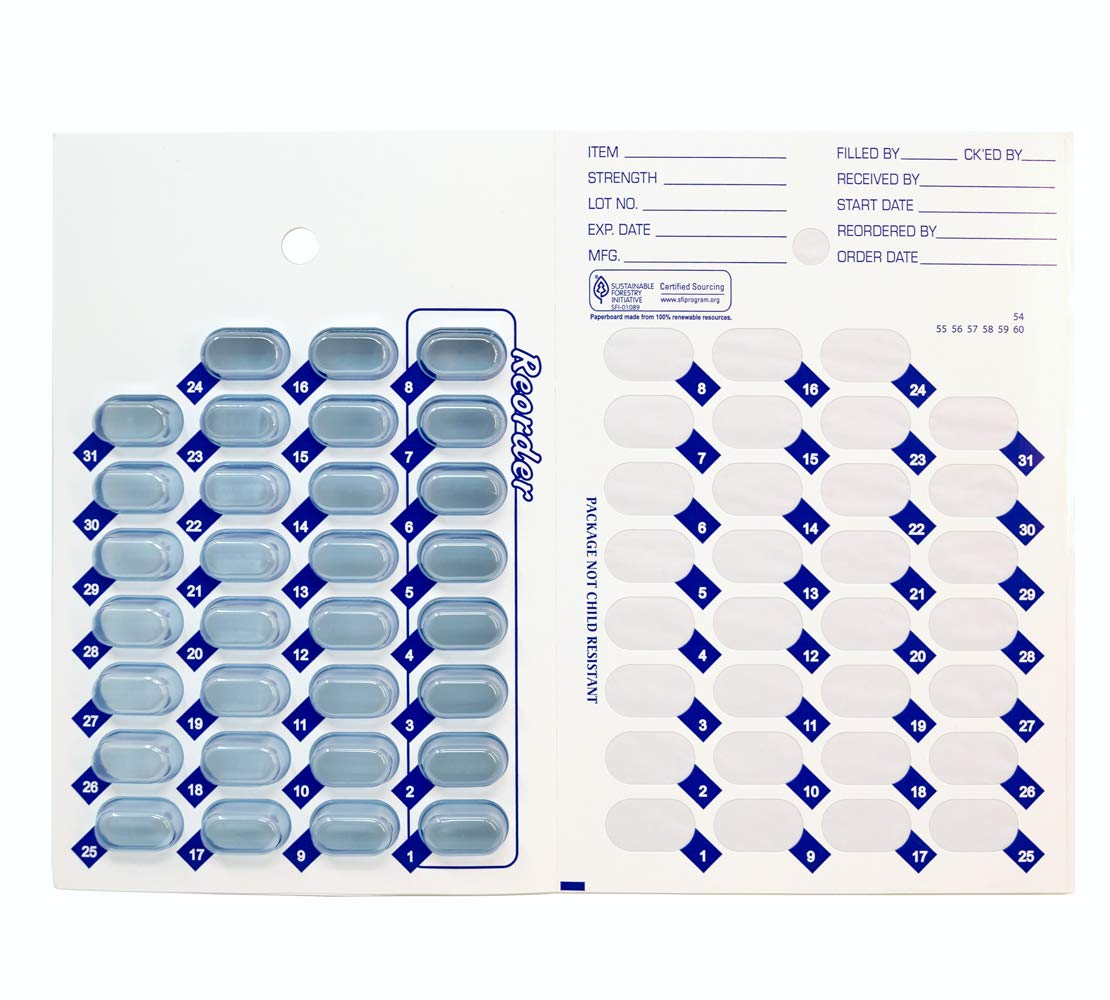 100 Pack Monthly or Weekly Cold Seal Medication Blister Pack System Cards - One Piece Unit Dose Book Fold, Easy No Extra Equipment Needed, Just Fill and Seal, (31 Day Monthly - 100 Pack)