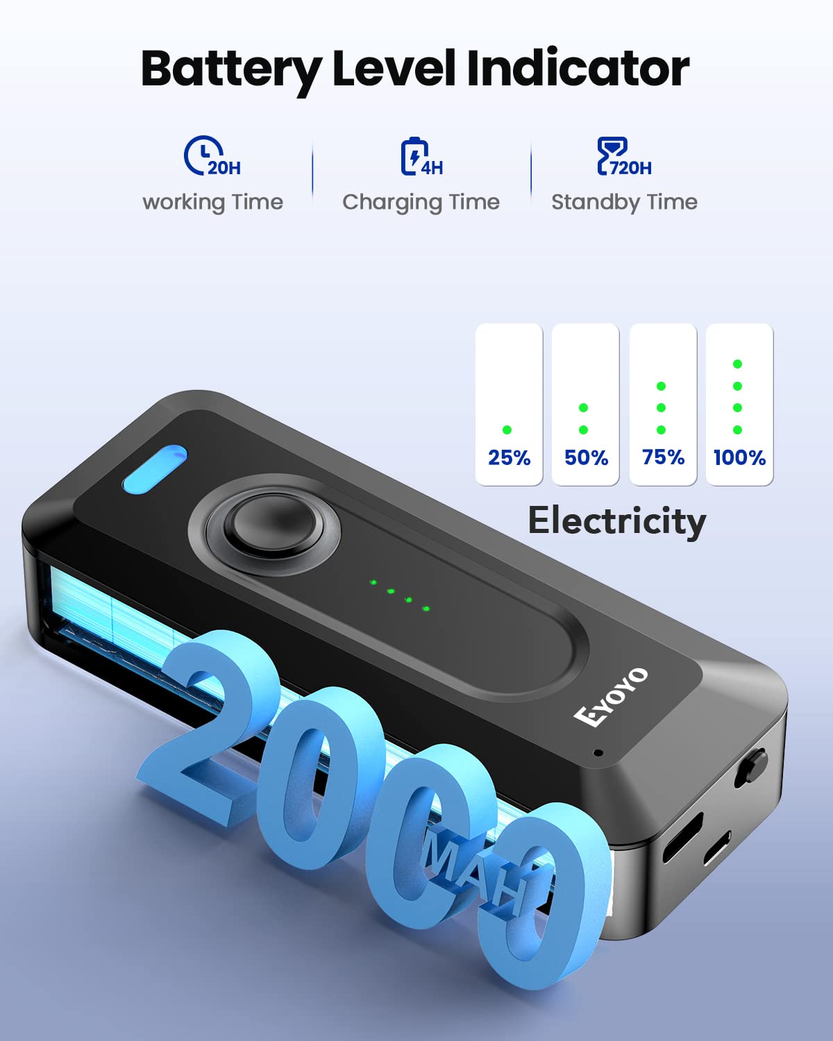 Eyoyo 2D Bluetooth Barcode Scanner Wireless with Clip, 2000mAh Battery with Level Indicator, Portable Mini QR Bar Code Reader for Library Book Inventory Compatible with iPhone, iPad, Android Phone