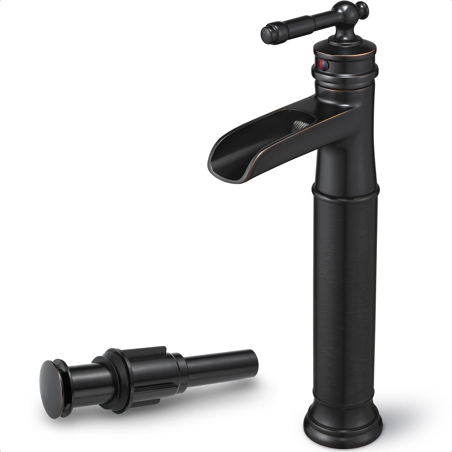 HOIGY Brass Vessel Sink Faucet Oil Rubbed Bronze, Waterfall Tall Bathroom Faucet 1 Hole with Single Handle, Pop-Up Drain & Water Hose for Farmhouse Vanity Restroom Vessel Bowl Sink, 5 Mins Install
