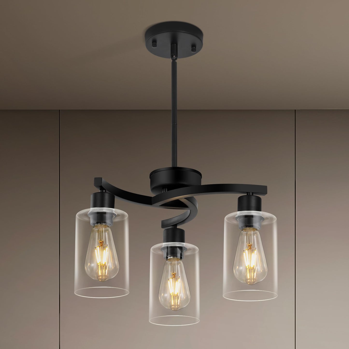 Syltherra 3 Light Modern Dining Chandeliers Over Table，Black Light Fixture for Dining Room，Farmhouse Chandelier with Glass Shade，Industrial Pendant Lights Kitchen Island，Foyer,Hallway, Bedroom