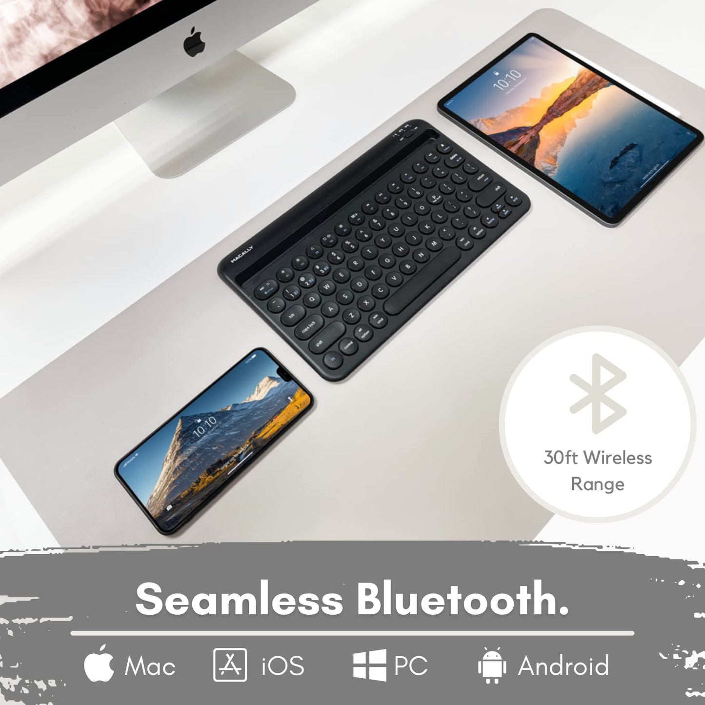 Macally Small Bluetooth Keyboard for iPhone iPad and Tablet - Multi Device Compatibility - Bluetooth Tablet Keyboard (Built-in Stand/Slot) - 78 Key iPad Wireless Keyboard or Keyboard for Android Phone