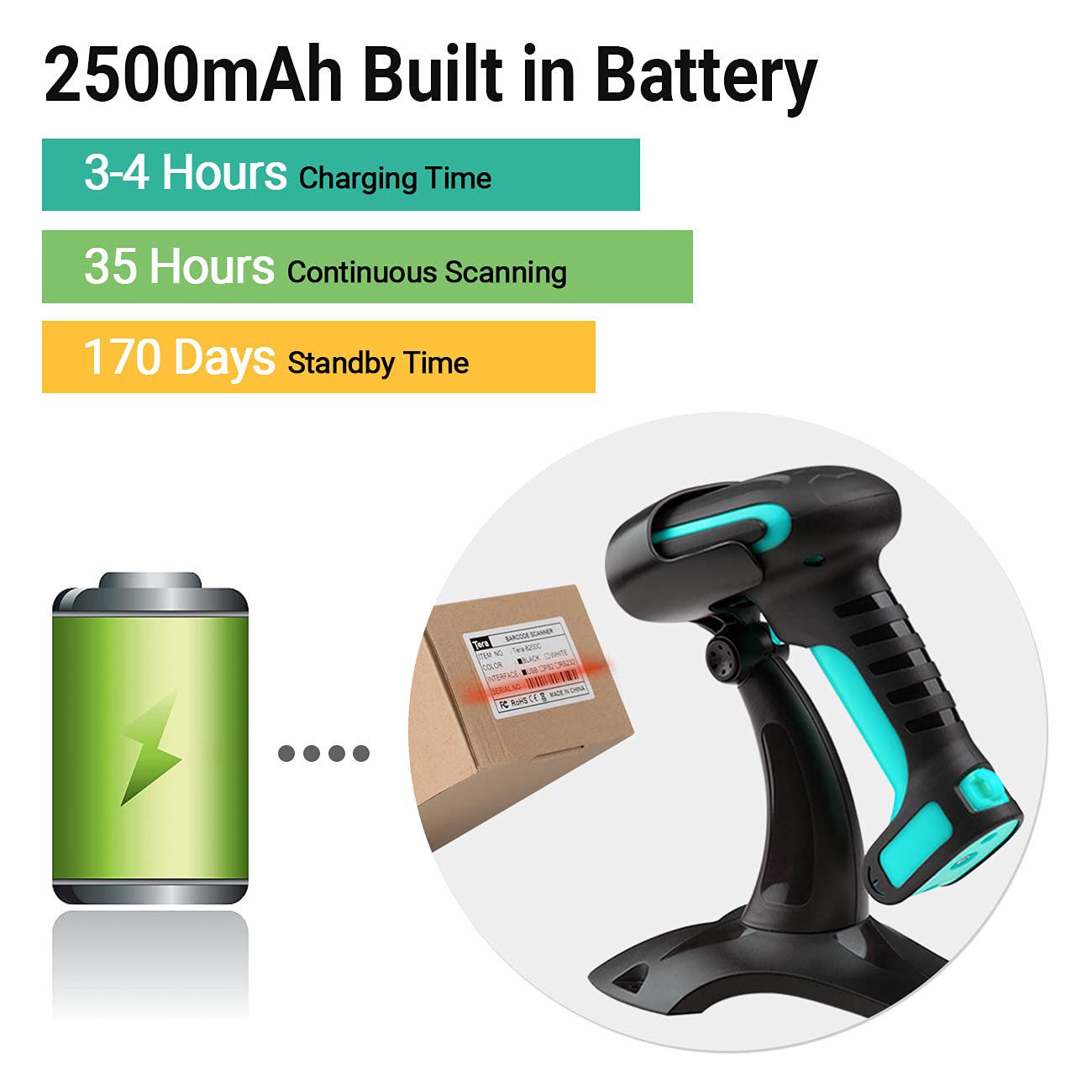 Tera 1D 2D QR Barcode Scanner Wireless with Stand, Heavy Duty Industrial IP66 Drop Resistance, Image Scanning Handheld Reader Compatible for Bluetooth with Vibration Alert Model 8100, Battery Powered