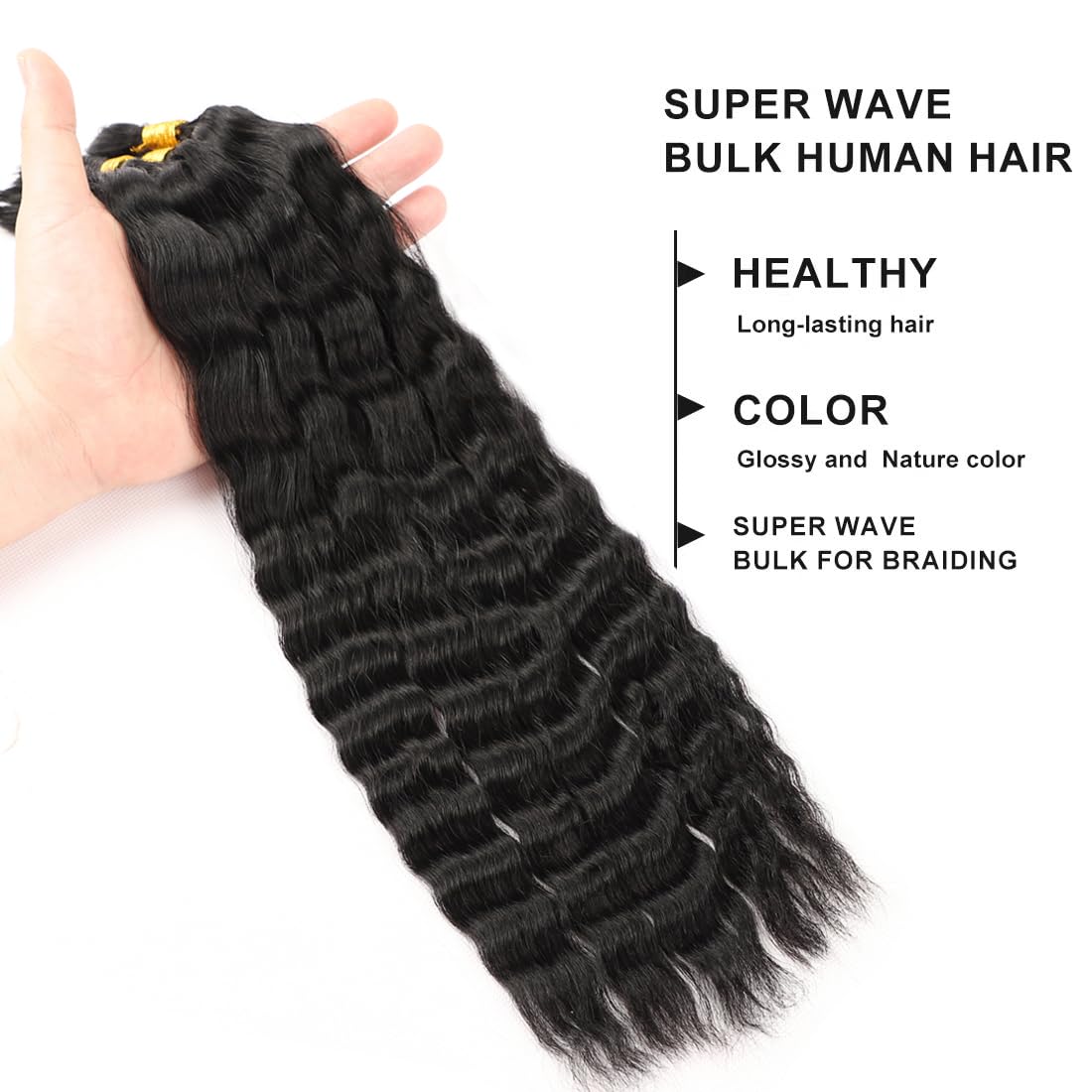 RLHAIR Wet and Wavy Human Braiding Hair Super Wave Bulk Human Hair For Braiding No Weft 100g (1Pack-4PCS) Super French Human Braiding Hair For Boho Braids (Super Wave（#1b）, 16 Inch)