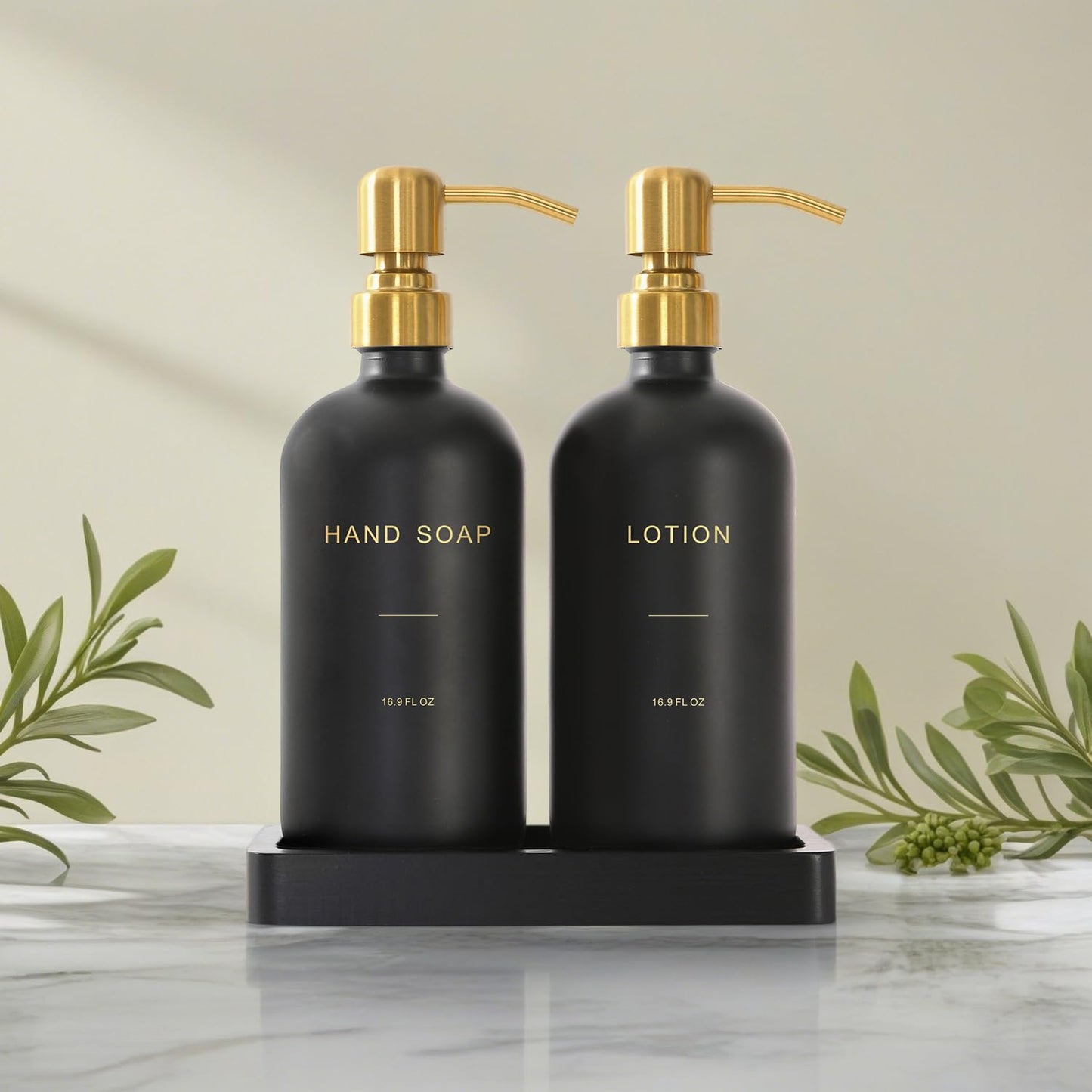 Prus Waso Soap Dispenser Bathroom Set, Hand and Lotion Dispenser with Stainless Steel Pump, Perfect for Black and Gold Bathroom Decor. (Gold & Black)