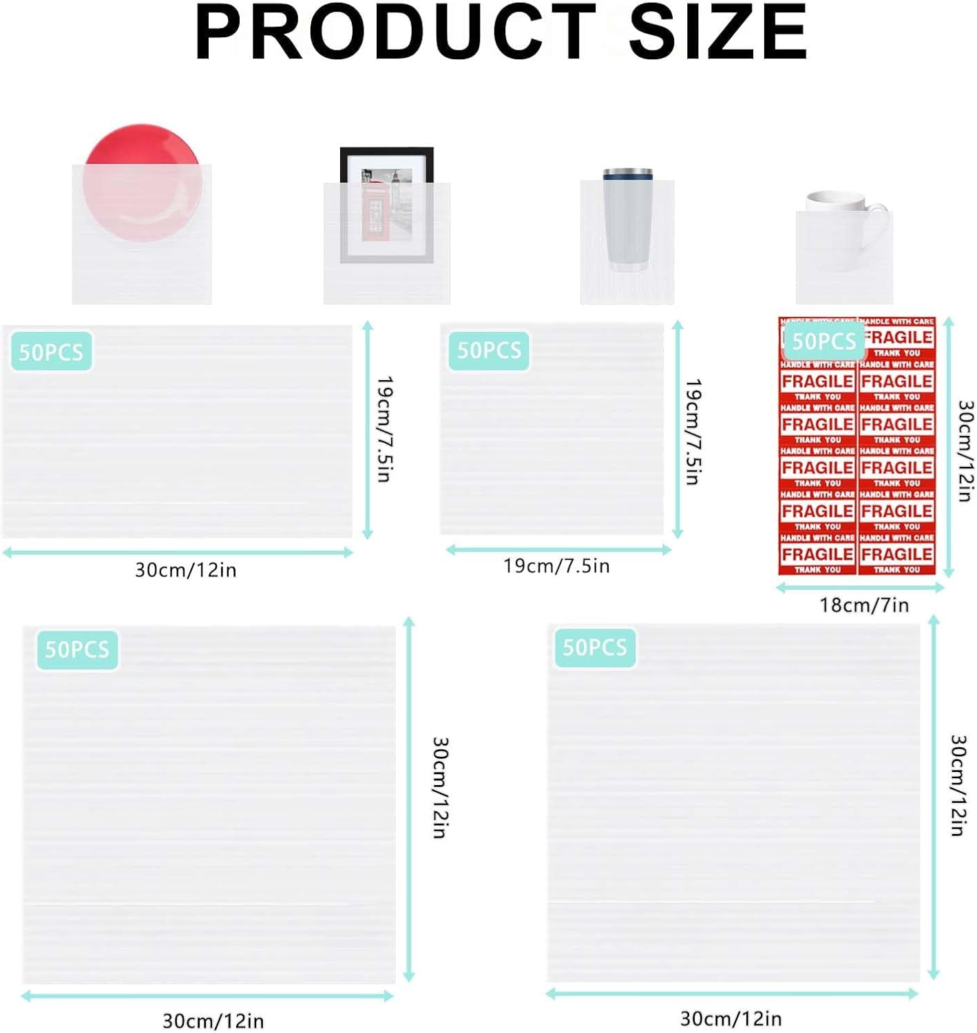 500pcs Cushioning Foam Pouches Moving Supplies, 4 Sizes (12x12inch,12x12inch sheets,12x7.5inch,7.5x7.5inch) Use Packing Supplies for Moving, Packaging, Storage Incidental 300 Fragile Stickers, clear
