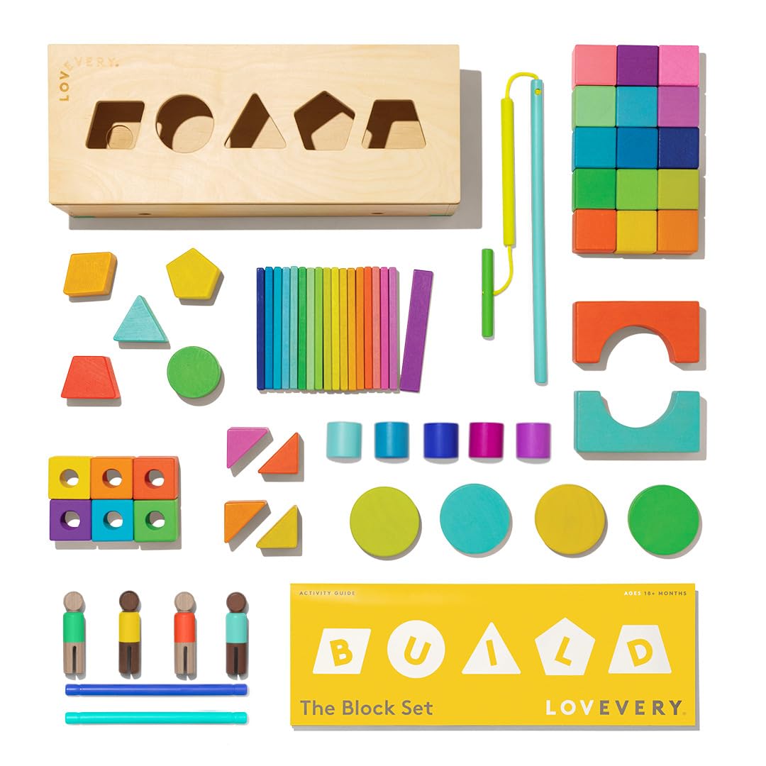 The Block Set by Lovevery – Solid Wood Blocks and Shapes + Wood Storage Box, 70 Pieces, 18 Colors, 20+ Activities