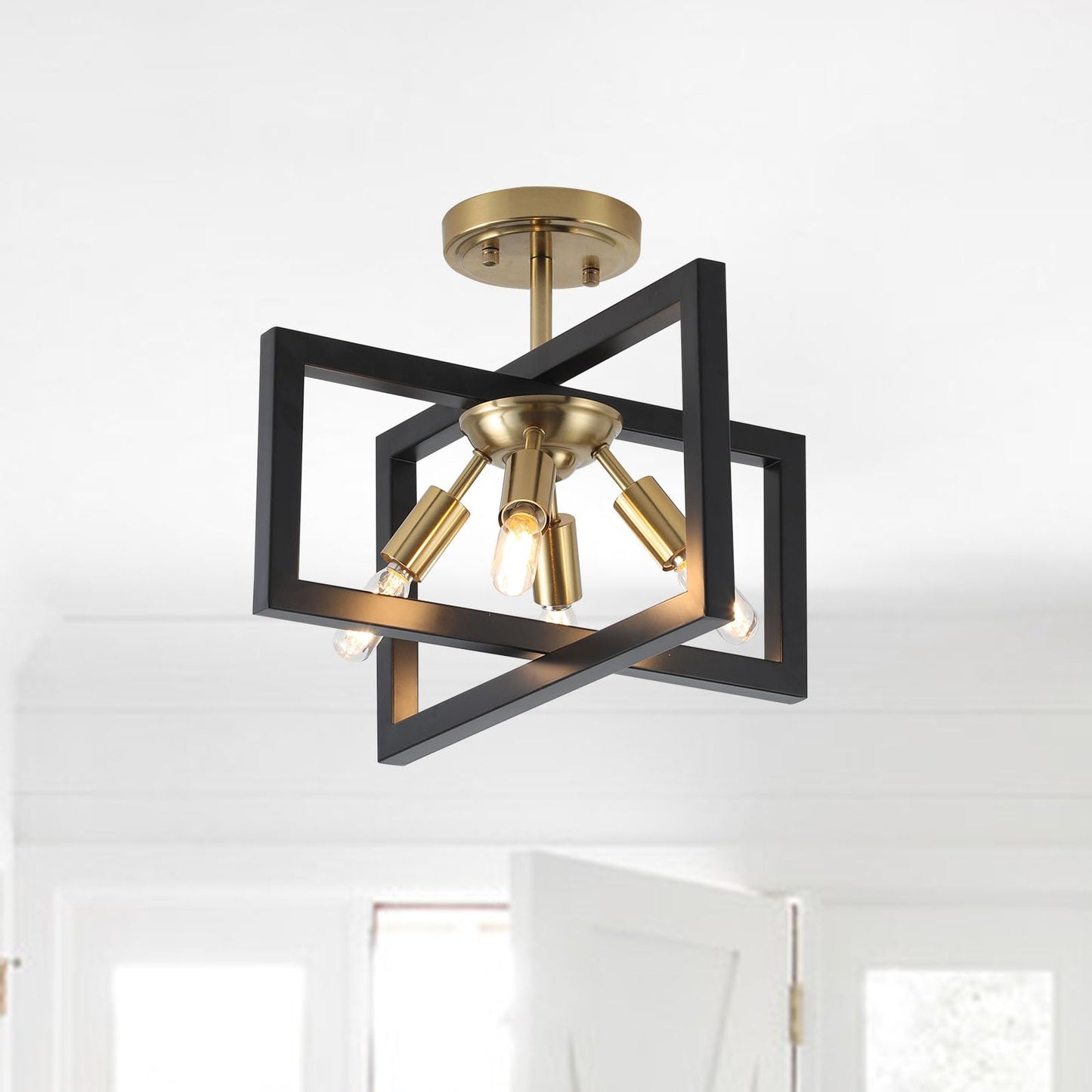 Minyuco Semi-Flush Mount Ceiling Light - Modern Industrial Light Fixture Black and Gold,4-Light Candelabra Lighting Ceiling Lamp for Kitchen Foyer Entryway Hallway Bedroom Closet