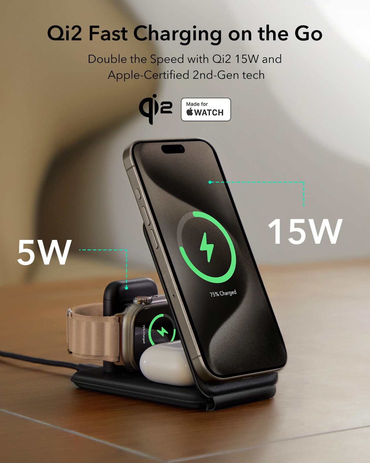 ESR Qi2 3 in 1 Charging Station for Apple, [Certified] Apple Watch Charger & Qi2 15W MagSafe Charger Stand for iPhone, Travel Charger for Multiple Devices, iPhone 15/14/13, Watch & AirPods, Black
