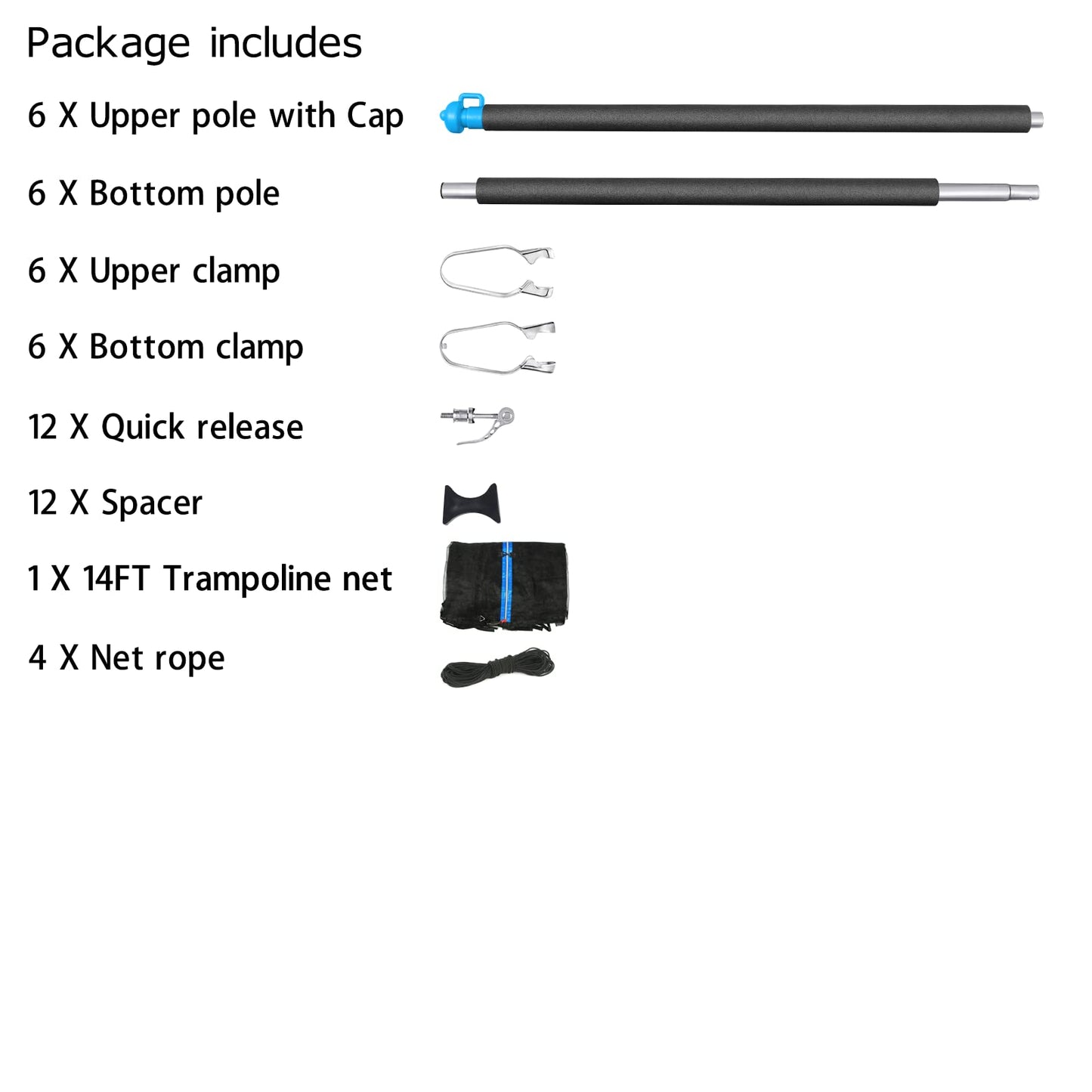 14FT Trampoline Enclosure Net with Universal Trampoline Replacement Enclosure Poles and Hardware (Only fit for 14FT Trampoline with 6 Poles)